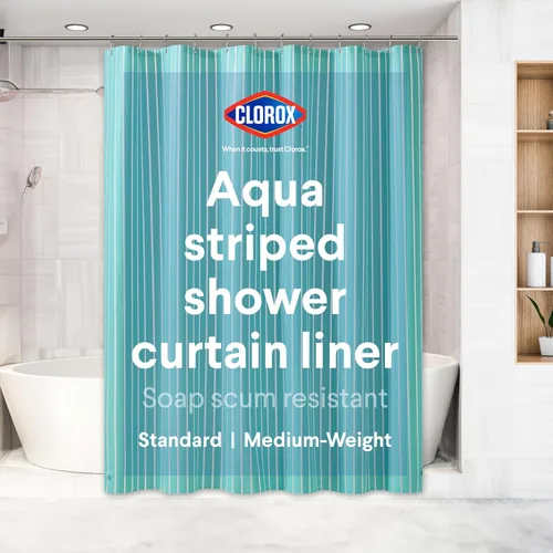 CLOROX Forro para cortina de ducha, Premium a rayas de peso medio duradero impermeable 6g PEVA para baño con imanes con peso, impreso tamaño
