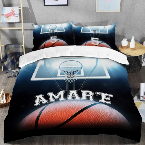 Miniatura 2 de Juego de ropa de cama personalizado de baloncesto tamaño individual, edredón deportivo personalizado con nombre y número para habitación de niños