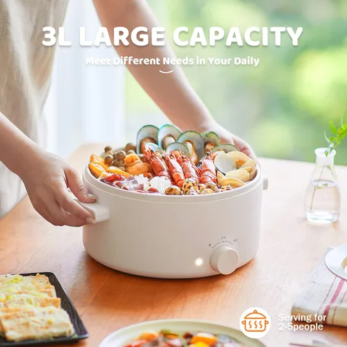 Miniatura 11 de Olla Caliente Eléctrica, Olla Eléctrica Portátil de 3L con Revestimiento Antiadherente de Cerámica, Cocina Romen Multifuncional de Doble Potencia
