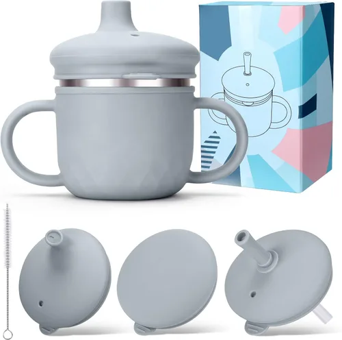 Miniatura 12 de BUSOHA Vasos para sorber de acero inoxidable, 3 en 1 de silicona para niños pequeños, vaso de paja para bebés con cepillo para niños con tapa
