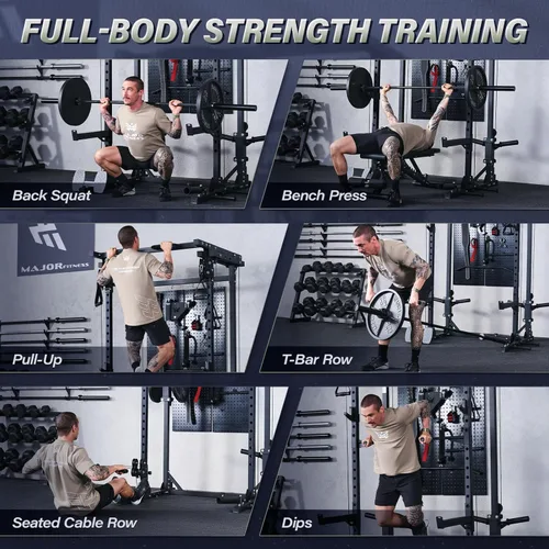 Miniatura 7 de MAJOR FITNESS Drone3 Power Rack, banco de sentadillas para gimnasio en casa de 2500lbs multifunción con sistema de polea doble, barra de tracción