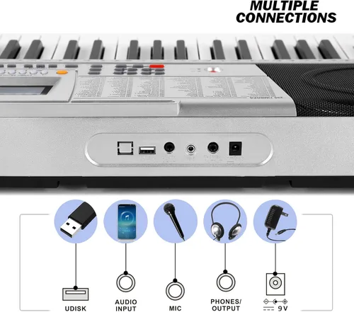 Miniatura 5 de MUSTAR Teclado de Piano de 61 Teclas, Teclado de Piano Eléctrico MEKS-400 con Teclas Iluminadas, Teclados de Piano de Aprendizaje para Plateado