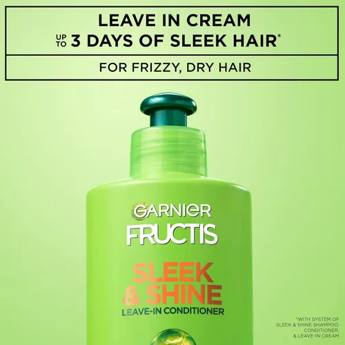 Miniatura 2 de Garnier Fructis Sleek & Shine Crema acondicionadora sin enjuague para cabello encrespado y seco, queratina vegetal + aceite de argán, 10.2 onzas