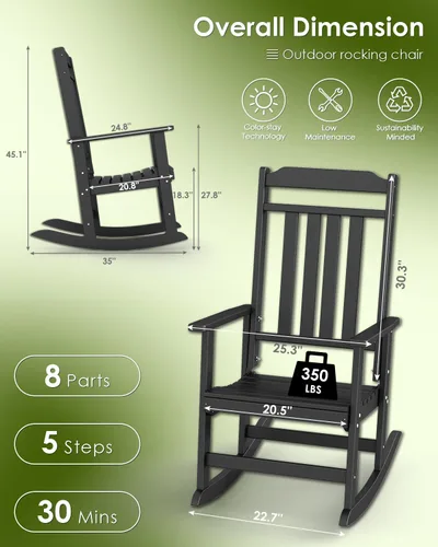 Miniatura 3 de GREENVINES Juego de 2 sillas mecedoras para exteriores Plástico HDPE Mecedoras de patio Silla mecedora de porche De gran tamaño Respaldo