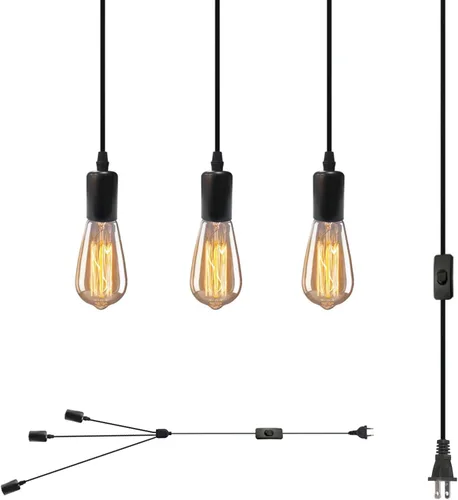 Lámpara colgante con enchufe de 3 luces, cable de luz colgante negro de 10 pies con interruptor de encendido y apagado, lámpara colgante industrial