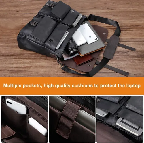 Miniatura 4 de Bolso bandolera de cuero para hombre, 14, 15.6, 17.3 pulgadas, bolso de cuero vintage para laptop, maletín, bolsa de trabajo grande