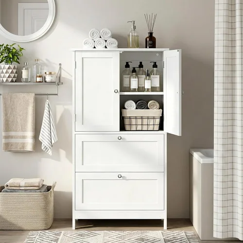 Miniatura 2 de ZenStyle Armario de almacenamiento de piso de baño, organizador de cocina con 2 cajones y 2 puertas, estante ajustable de 5 alturas independientes