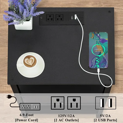 Miniatura 8 de Lerliuo Mesita de noche con estación de carga y puertos USB, mesa auxiliar de almacenamiento de 3 niveles con cajón y estante, mesita de noche