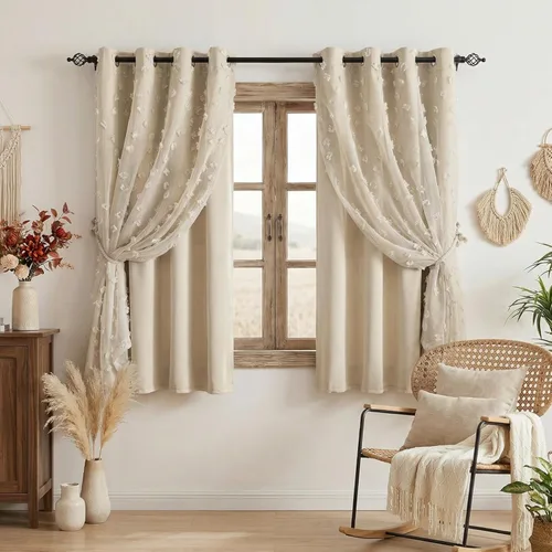 Miniatura 41 de Mysky Home Cortinas de doble capa, dormitorio, traslúcidas, opacas, habitación de niños, comedor, guardería, ojales, oscurecer la habitación, 52 x