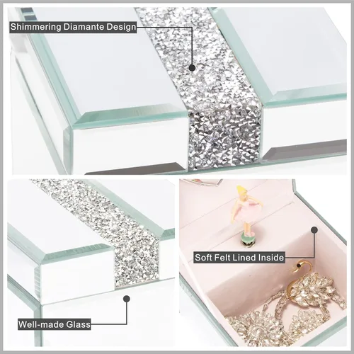 Miniatura 5 de Caja de joyería musical con espejo de diamante de plata Caja de joyería de bailarina para niñas Caja de cristal pequeña Joyero de cristal