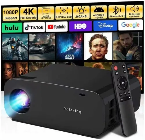 Proyector, Proyector inteligente con WiFi y Bluetooth, Aplicaciones integradas, Enfoque automático y Keystone, Soporte nativo 1080P, Proyector mini