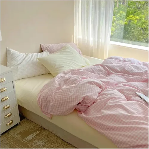 Miniatura 6 de Juego de ropa de cama de algodón rosa, tamaño Queen, matrimonial, tamaño matrimonial, sábanas ajustables, juego de funda de edredón para el hogar