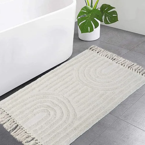 Miniatura 10 de LEEVAN - Alfombra de camino estilo bohemio lavable 2 x 5 pies, tejida en color beige, de algodón para cocina rústica con borlas, alfombra de acento