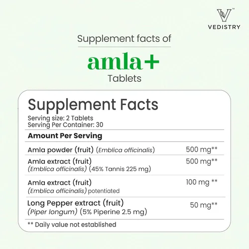 Miniatura 9 de Vedistry Amla Supplement - Tableta de grosella espinosa india de 1100 mg con pimienta larga para inmunidad y energía, suplemento de hierbas rico