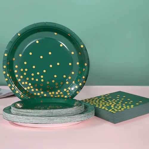 Miniatura 7 de 150 piezas de decoraciones de fiesta verdes y doradas, platos verdes y servilletas, suministros de fiesta para 50 invitados, platos de papel