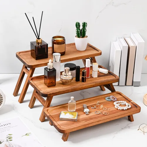 Miniatura 9 de GEHE Bandeja de servir de 3 niveles, bandeja escalonada de madera de acacia plegable, juego de exhibición de mesa de postre, decorada para tablas