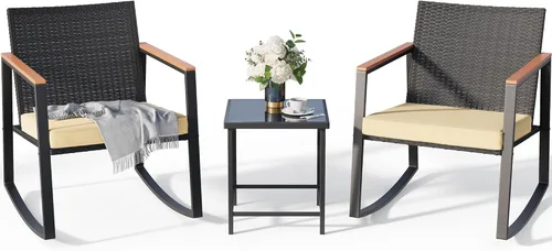 Gizoon Juego de 3 piezas de bistró de patio mecedora con reposabrazos antiquemaduras, juego de muebles de mimbre para patio al aire libre con mesa