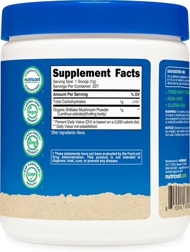 Miniatura 5 de Nutricost Polvo orgánico de hongos Shiitake de 8 onzas, certificado 100% orgánico, sin gluten, sin OMG