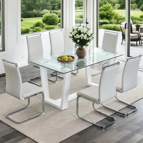 Miniatura 10 de Ebullient - Juego de mesa de comedor de cristal para 4, juego de mesa de comedor moderno para 4, tablero de vidrio templado con patas trapezoidales