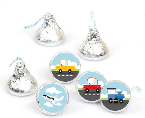 Big Dot of Happiness Coches, trenes y aviones – Transporte Fiesta de Cumpleaños Redondo Caramelos Adhesivos Favores – Etiquetas para Caramelos de