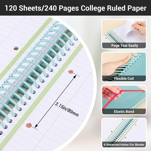 Miniatura 3 de Cuaderno de espiral EUSOAR, A4 de 9.25" x 11.7", con rayas para universidad, 3 divisiones con bolsillos, gran cuaderno espiral a rayas, 240 páginas