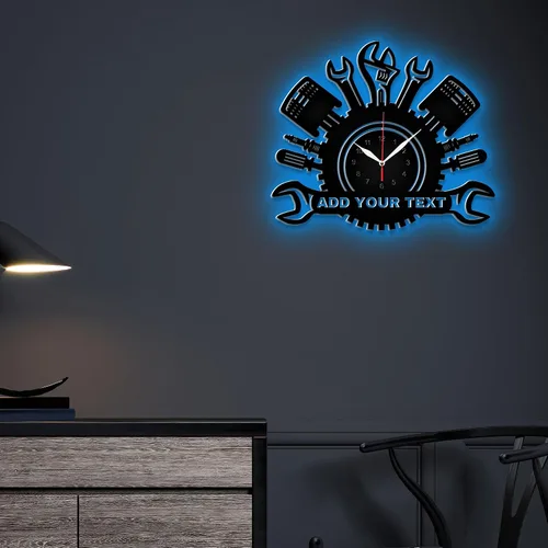 Miniatura 5 de Reloj de Pared Personalizado para Garaje, Letrero de Metal para Garaje Reloj de Pared de Herramientas Mecánicas de Reparación de Automóviles con Luz