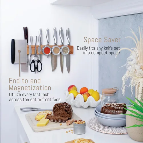 Miniatura 6 de Soporte magnético para cuchillos de 24 pulgadas para pared con 2 almacenamiento y madera encantadora, tira magnética para cuchillos, almacenamiento