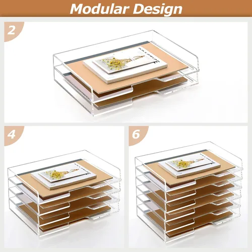 Miniatura 3 de Paquete de 2 bandejas apilables de papel para cartas, organizador de escritorio de archivos A4 ampliado, organizador de escritorio de acrílico