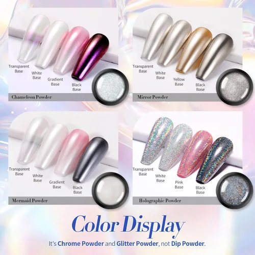 Miniatura 7 de BORN PRETTY Polvo de uñas cromado, polvo cromado holográfico de espejo metálico de perla blanca para uñas, kit de polvo de pigmento con purpurina