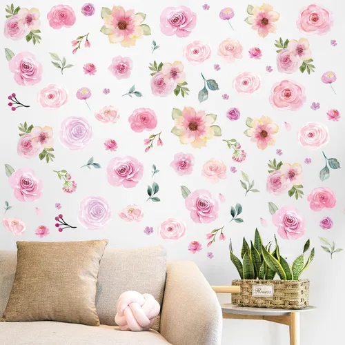 Miniatura 2 de AOWDIAO 60 calcomanías de pared de flores para despegar y pegar, vinilo de acuarela, peonía floral y hojas, calcomanías de pared de flores pastel