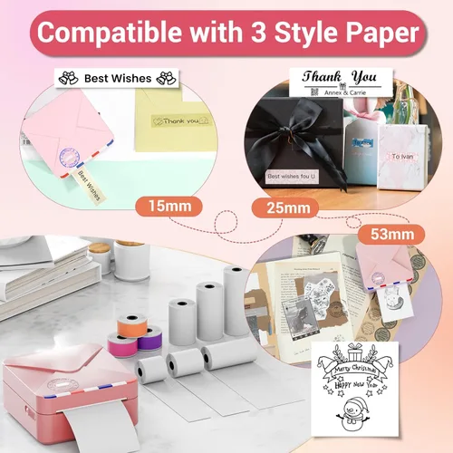 Miniatura 3 de Mini impresora de calcomanías, bolsillo Bluetooth con 1 rollo de papel, fabricante de calcomanías térmicas sin tinta compatible con iOS y Android