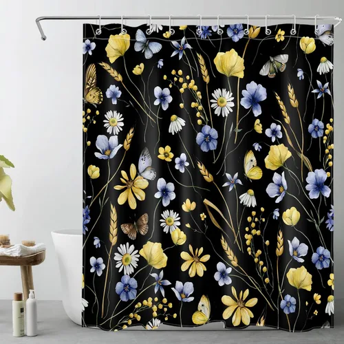 EOBTAIN Nature - Cortina de ducha con flores silvestres para baño, cortina de ducha amarilla floral y mariposa sobre negro, con 10 ganchos, juego de