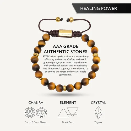 Miniatura 4 de RTZN Pulsera de ojo de tigre para hombre Pulseras artesanales de primera calidad hechas a mano 100% auténticas con cuentas de ojo de tigre dorado