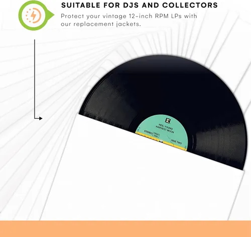 Miniatura 2 de TunePhonik Chaquetas de disco de vinilo LP de 12 pulgadas, revestimiento blanco sin agujero central, paquete de 25 unidades, fabricadas en Estados