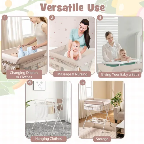 Miniatura 8 de BABY JOY Cambiador portátil para bebé, estación de cambio de pañales plegable con ruedas, altura ajustable, estante de almacenamiento grande