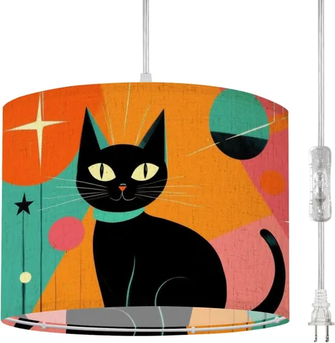 Boho Plug in Pendant Light Mid Century Modern Black Cat Vintage Retro Atomic Aesthetic 16.4ft Plug in Cord Dimmable Hanging Lamp Fabric Lamp Shade