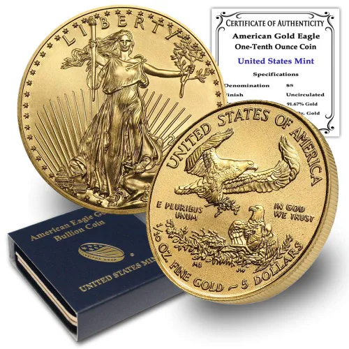 1986 - Present (Año aleatorio) 1/10 oz Moneda de oro American Eagle Bullion (Tipo 1 o Tipo 2) Brillante sin circular con caja original de la Casa de