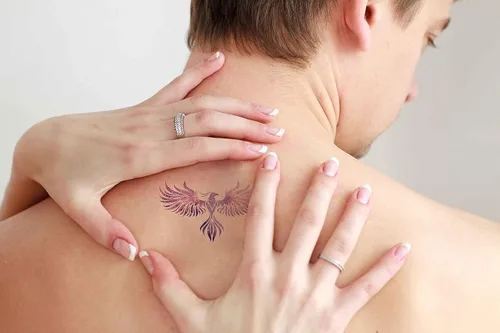 Miniatura 3 de 6 hojas de tatuajes temporales Phoenix Purple Bird Starrysky tatuajes falsos a mano para mujeres y niñas
