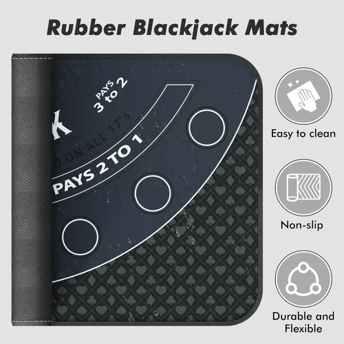 Miniatura 9 de Alfombrilla de Blackjack de 70 x 35 pulgadas, 21 alfombrillas de goma para mesa de casino, con bolsa de almacenamiento, 6 posavasos