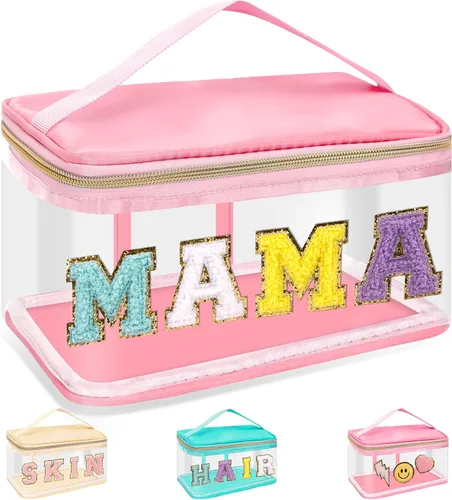 Miniatura 24 de izuzta Bolsas de maquillaje transparentes con letras de chenilla, bolsa de maquillaje de parche preppy con asa