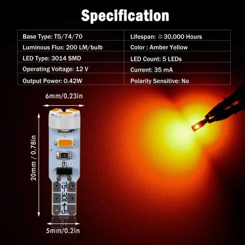Miniatura 2 de 10X Bombillas LED T5 Ámbar Amarilla Canbus Sin Errores 3014 Chipsets 74 2721 37 PC74 70 73 17 Bombillas LED para Interior, Panel de Instrumentos