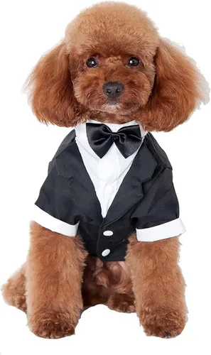 Miniatura 2 de GabeFish Chaquetas de boda para mascotas, traje para perros con pajarita, cachorro, gato, ropa formal camisa esmoquin (negro, S
