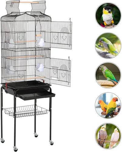 Miniatura 9 de Yaheetech Jaula para pájaros de 64 pulgadas, jaula para periquitos con bandeja deslizante, comederos, soporte enrollable desmontable, jaulas