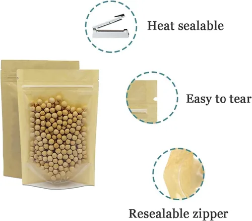 Miniatura 2 de PABCK 50 Piezas Bolsas de Papel Kraft Marrón con Frente Transparente de Pie Herméticas 3.9x5.9 pulgadas para Almacenamiento de Alimentos