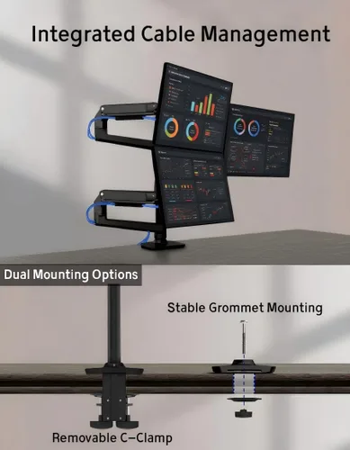 Miniatura 5 de Ergounion Triple Monitor Mount, Holds Screens up to 40 Inches and 25 lbs, Fully Adjustable 3 Monitor Desk Mount with C-Clamp and Grommet Base, Negro