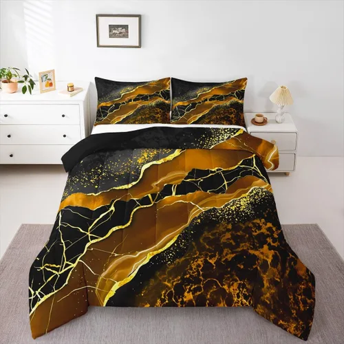 Miniatura 16 de Juego de edredón de mármol negro individual, ropa de cama dorada agrietada para adultos, hombres y mujeres, juegos de edredón de textura metálica