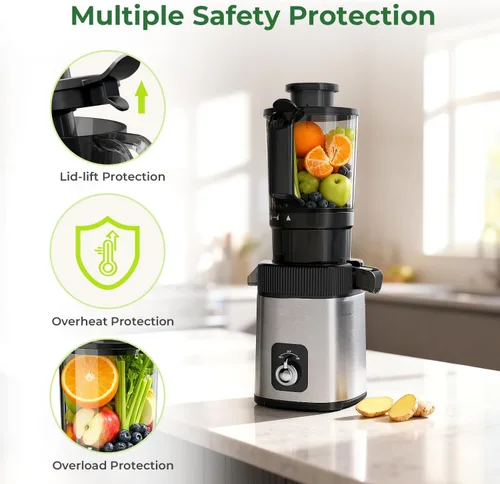 Miniatura 8 de Máquina exprimidora lenta de prensa en frío, exprimidor compacto de masticación lenta para verduras y frutas, canal de alimentación de 4.4 pulgadas