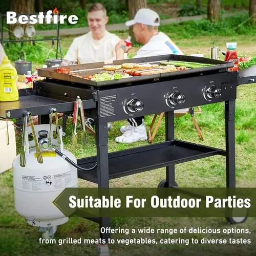 Miniatura 6 de BESTFIRE Parrilla plana de 3 quemadores de 35 pulgadas, parrilla plana de 45,000 BTU para cocinar al aire libre con dos estantes plegables, parrilla