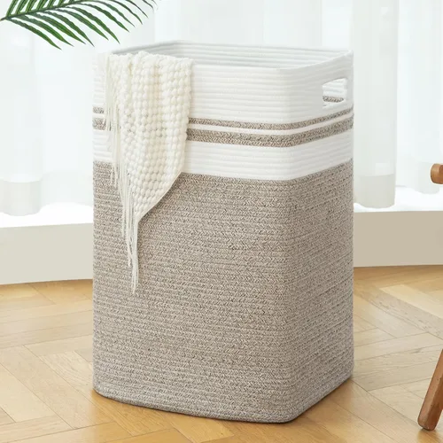 Miniatura 12 de OIAHOMY - Cesta de lavandería, cesta de almacenamiento alta de algodón con asas, cesta decorativa de mantas para sala de estar, cesta grande