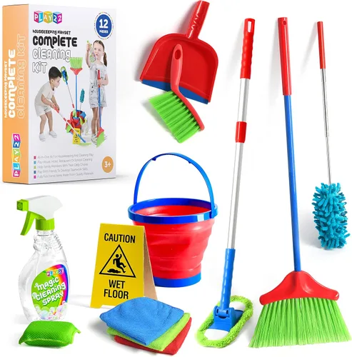 Play22 - Juego de limpieza de 12 piezas de juguete que incluye escoba, trapeador, cepillo, recogedor para el polvo, plumero, esponja, trapos,